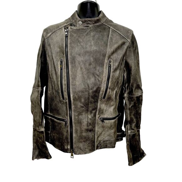 NWT Men’s Sz M Michael Kors Leather Jacket. Distressed Black. Zip Pockets.